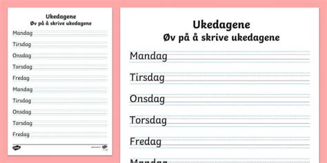 Øv på å skrive ukedagene | Oppgaveark