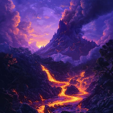 Mystical volcano with glowing lava rivers | Premium AI-generated vector