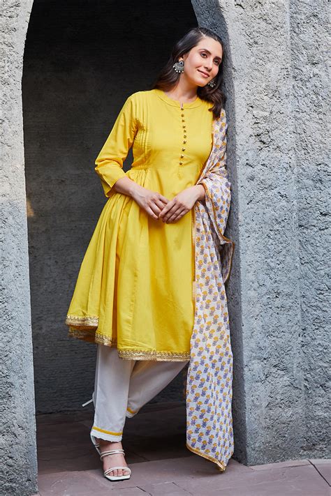 Yellow Cotton Gathered Kurta & Pants Suit Set at Biba India