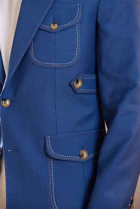 Cobalt Blue Linen Tailored Blazer with Contrast Stitching | Bhasin Brothers