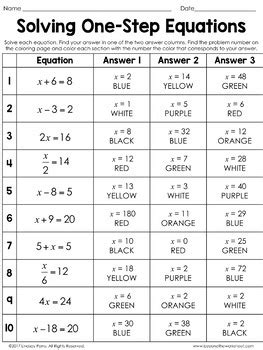 Image result for One Step Equations Coloring Worksheet