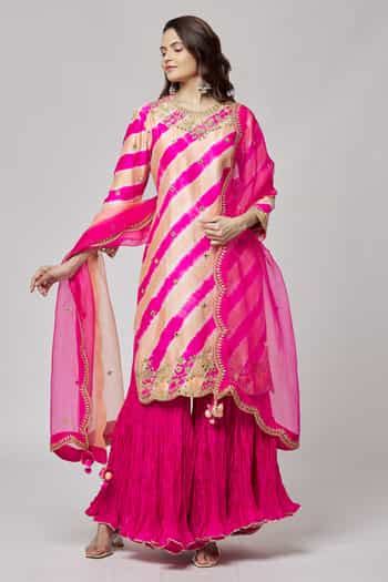 Buy Peach Organza, Silk Tassels Round Neck Leheriya Pattern Kurta ...