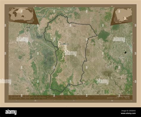 Prey Veng, province of Cambodia. Low resolution satellite map. Locations and names of major ...