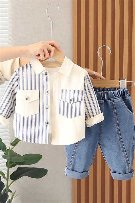 Boys Woven Stripes Printed Collared Neck Full Sleeves Shirt and Denim ...