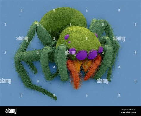 Coloured scanning electron micrograph (SEM) of pantropical jumping spider (Plexippus paykulli ...