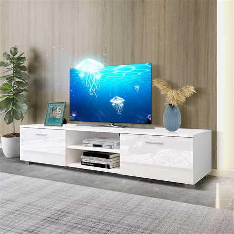 Low Profile TV Stand for TVs Up to 70 Inches, High Gloss TV Cabinet ...