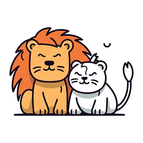 Premium Vector | Cute cartoon lion and cat vector illustration in line ...