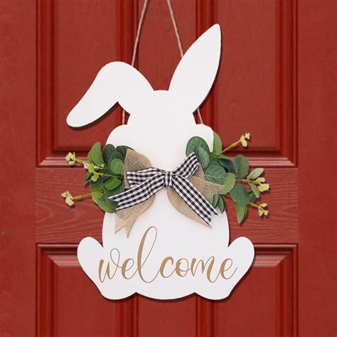 Easter Decorations Door Hanging Sign, Cute Wooden Bunny Wreath Welcome ...