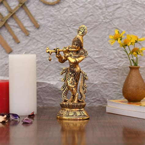 Metal Standing On Base Krishna Playing Flute Idol Statue Kbs145