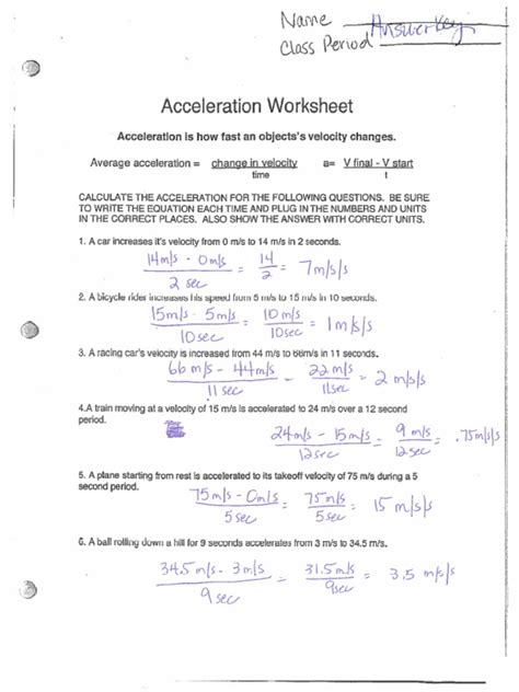 Image result for Acceleration Worksheet Answer Key