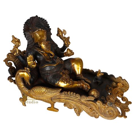 Rare Antique Finish Brass Metal Resting Ganesha Statue Peacock Couch I ...