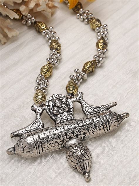 Silver-Toned & Gold-Toned Brass Silver-Plated Temple Necklace