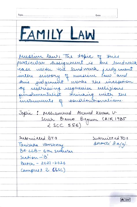 Family law - notes - Topic Date FAMILY LAW Muslim law: The topic of ...