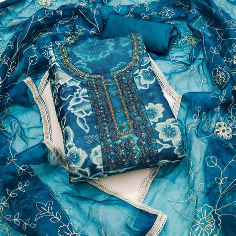 Blue Delicate Floral Sequins & Hand Embellishments On Flowing Organza