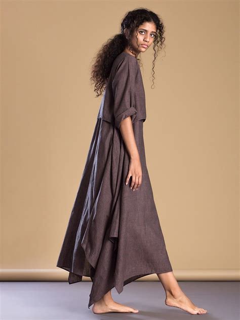 Buy Mud Pink Linen Asymmetric Boho Dress- online at Theloom