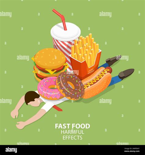 Fast Food Harmful Effects, Junk Food Danger, Unhealthy Nutrition Eating Risks. 3D Isometric Flat ...