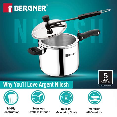 Argent Tri-Ply 18/8 Stainless Steel Inner Lid 5L Pressure Cooker
