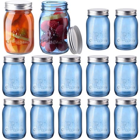 Yaomiao 12 Pack Blue Mason Jars with Lids 16oz Regular Mouth Pint ...