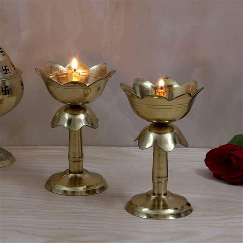 Brass Lotus Shaped 5 Inches Diya Pair, Jyoti Diyas for Home Temple ...