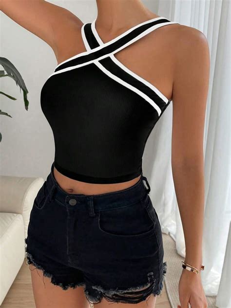 Chiquease Contrast Binding Crop Wide Strap Top | SHEIN USA