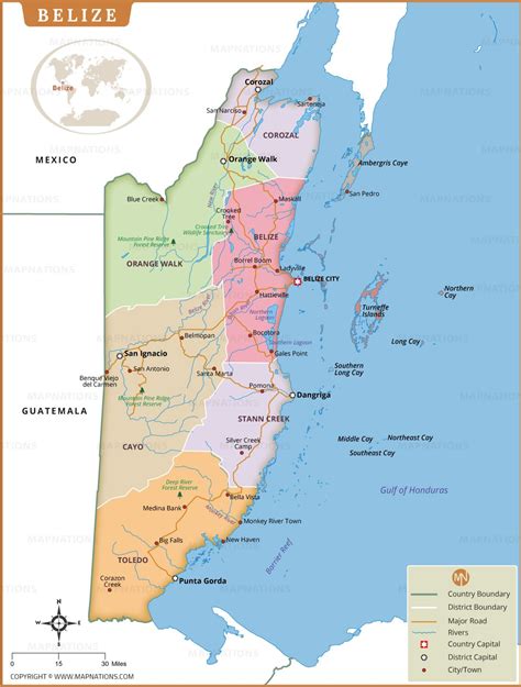 Map of Belize with Districts, Capitals, Major Cities, Roads and Rivers