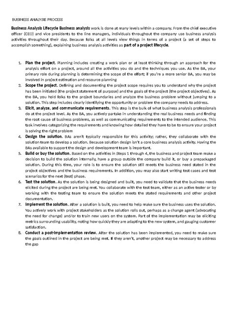 Unit -1 theory - BUSINESS ANALYSIS PROCESS Business Analysis Lifecycle ...