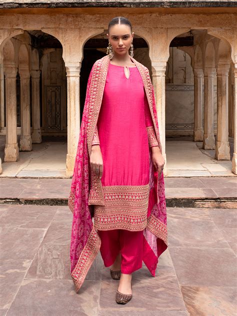 Mustard Yellow Printed Shimmer Silk Blend Embroidered Suit- Set of 3