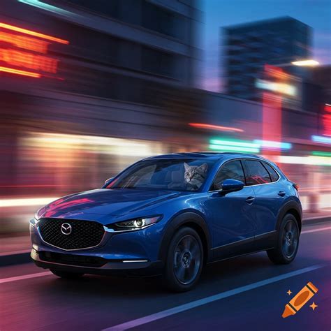 A gray tabby cat drives a blue Mazda CX-30 on a city street at night, with blurred lights in the ...