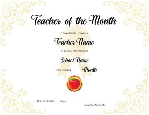 Editable Teacher of the Month Award Certificate - Instant Digital ...