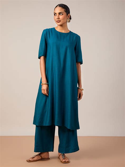 Turquoise Silk Blend Shirt with Skirt - Set of 2