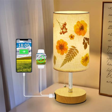 LUMIMAN Pressed Flower Lamp with USB-A Charging Ports, 8W LED Linen ...