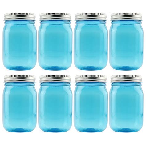 Cornucopia 16oz Pint Size Plastic Mason Jars, 8-Pack, Blue w/ Silver ...