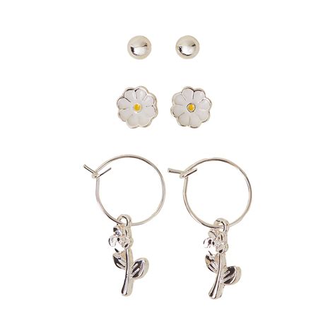 Silver Daisy Earrings Pack of 3 - Accessorize India