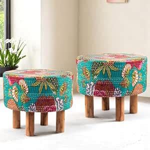 Ikiriya Stylish Collio Acacia Wood Mid-Century Round Pouf Stool Set of ...