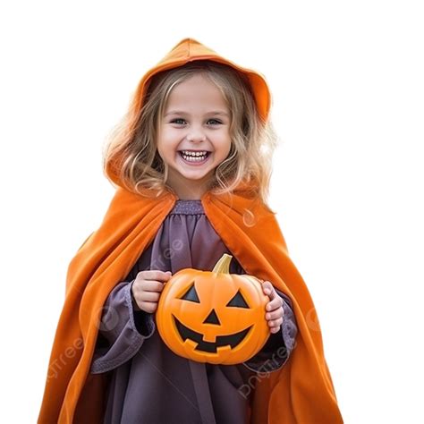 Cute Girl Dressed In Halloween Costume With Jack O Lantern Outdoors ...