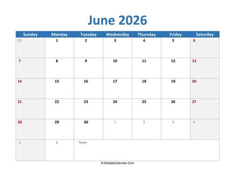 June 2026 Printable Calendar with Holidays