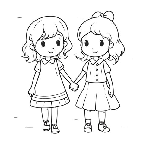 Two Little Girls Holding Hands Coloring Pages Outline Sketch Drawing Vector, Wing Drawing, Girl ...