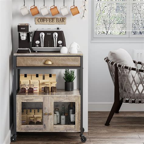 17 Stories Coffee Bar Cabinet, 3 Tier Kitchen Coffee Cart With Drawers ...