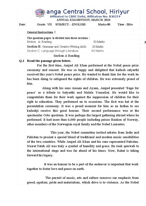 Annual Exam cls 7-Archana - Ganga Central School, Hiriyur Affiliated to ...