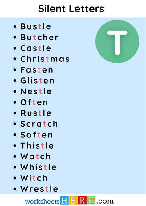Silent Letters with T Words List PDF Worksheet For Students - WorksheetsHere.com