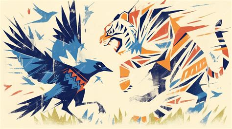 Premium Vector | Magpies and tigers in folk art