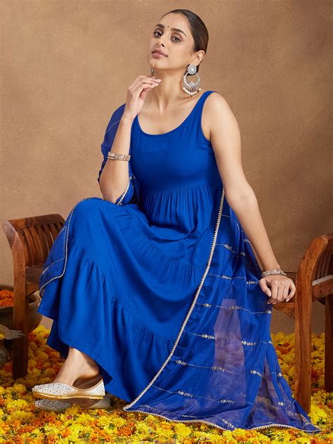 Janasya Women's Royal Blue Rayon Embellished Tiered Kurta Set With Dup