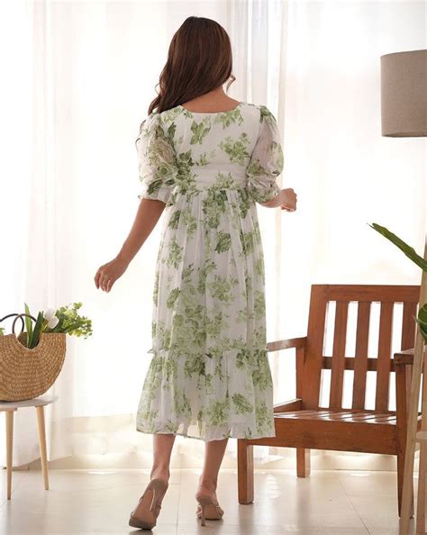 Women's White Georgette Digital Print Fit & Flared Midi Dress – Trendia