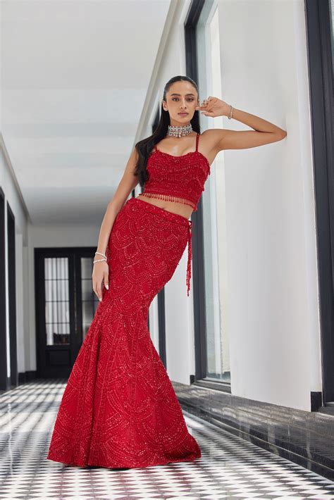 RED ON RED FISH CUT LEHENGA WITH A SHORT JACKET – Istya
