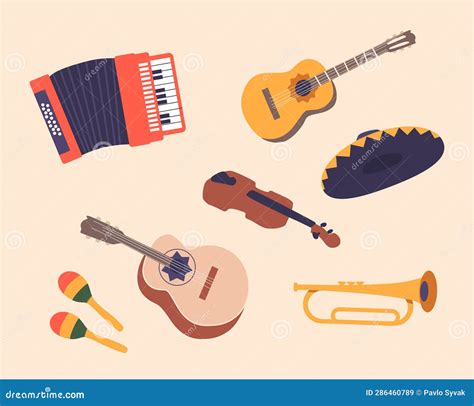 Set of Mexican Musical Instruments and Sombrero. Maracas, Guitarron ...