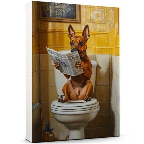 Funny Bathroom Wall Art Poster 8x12in - German Pinscher Dog On Toilet ...
