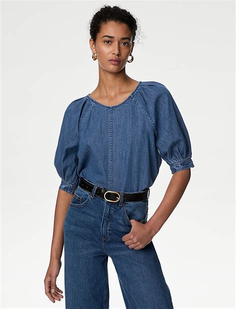 Buy Pure Cotton Denim Puff Sleeve Blouse at Marks & Spencer