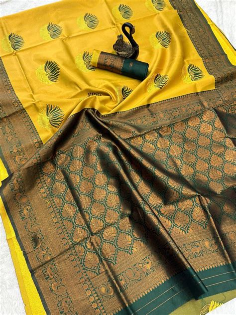 Susurrous Yellow and Green Soft Silk Saree With Vestigial Blouse Piece ...
