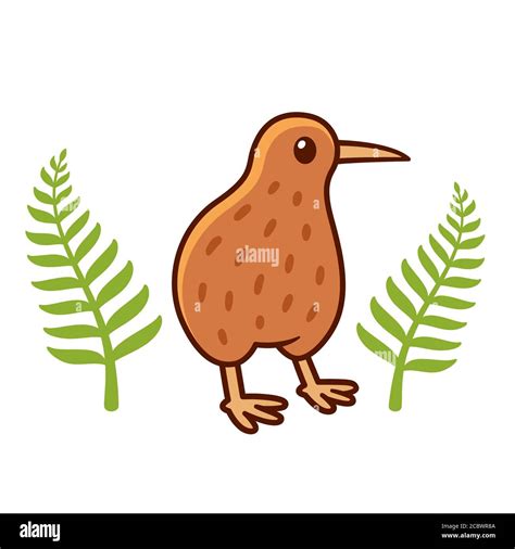 Cute cartoon kiwi bird drawing with silver fern leaves, national symbol ...