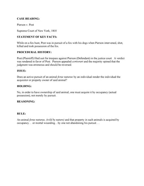Pierson v. Post - Case briefing practice - CASE HEADING: Pierson v ...